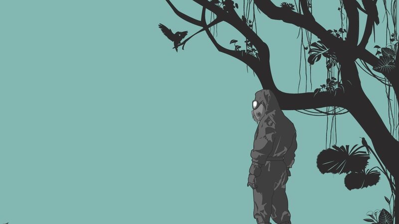 person in gas mask under tree