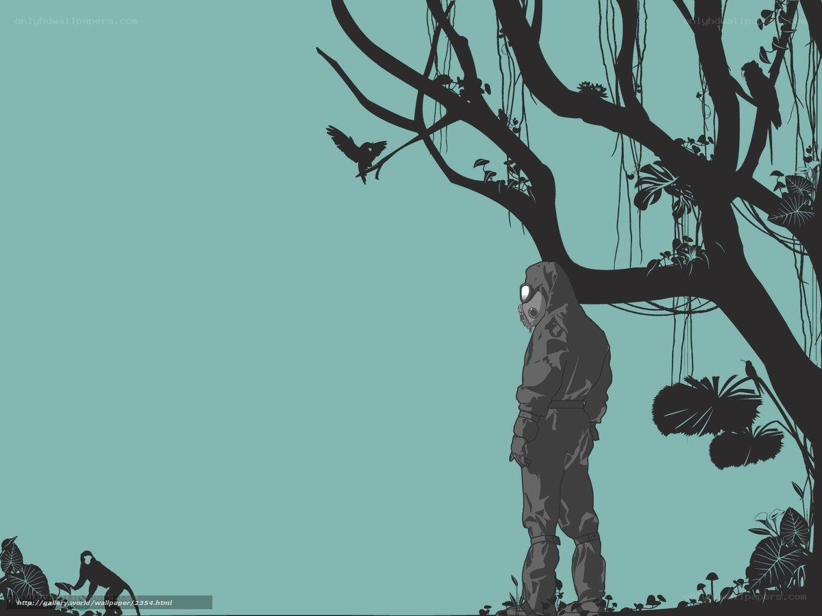 person in gas mask under tree