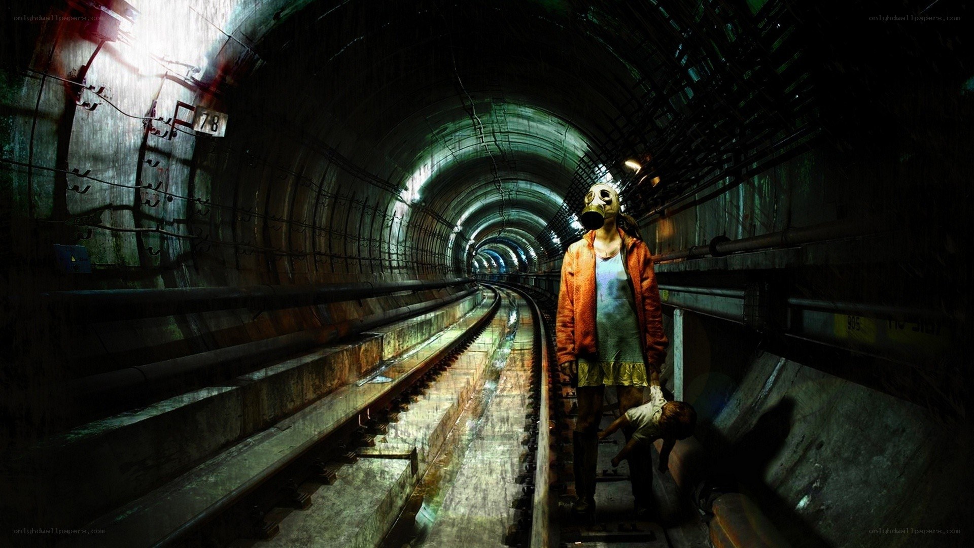 person in gas mask underground