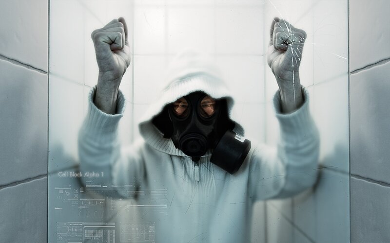 Person in Gas Mask — White, Dramatic, Photograph, Gas Mask