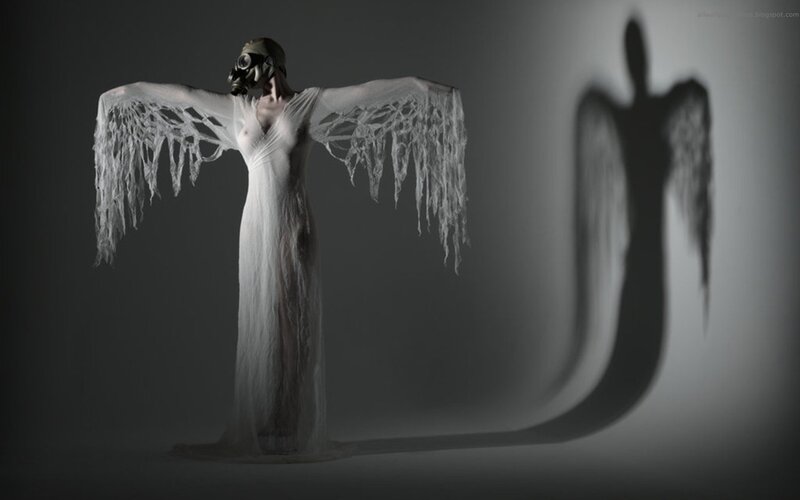 Person in Gas Mask — White, Dramatic, Photograph, Gas Mask, Wings