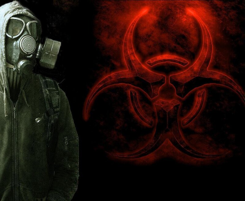 person in gas mask with biohazard symbol
