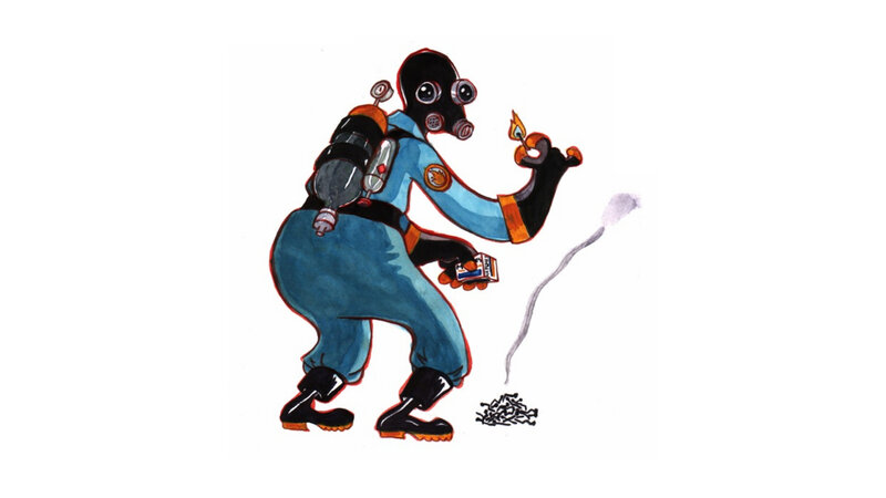 person in gas mask with bomb