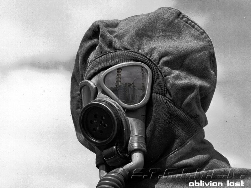 person in gas mask with Chernobyl reflection