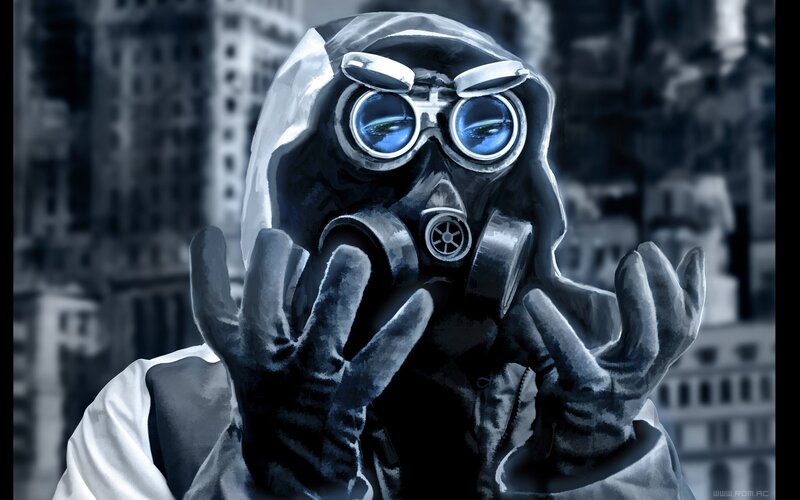 person in gas mask with city background