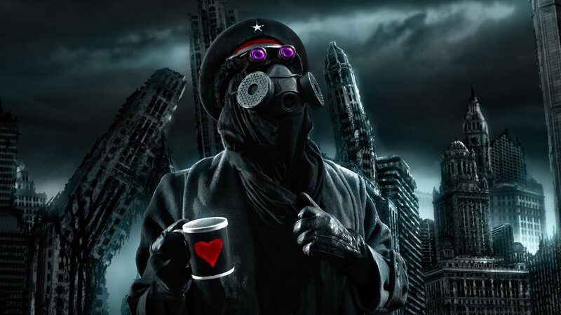 person in gas mask with coffee cup