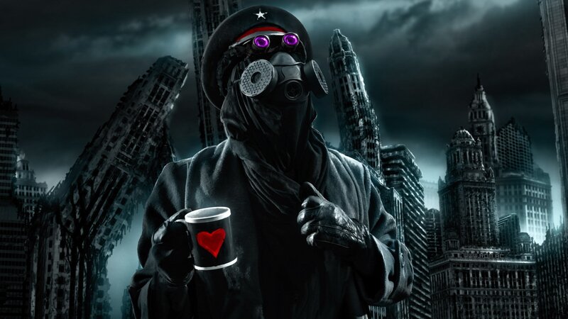 person in gas mask with coffee cup