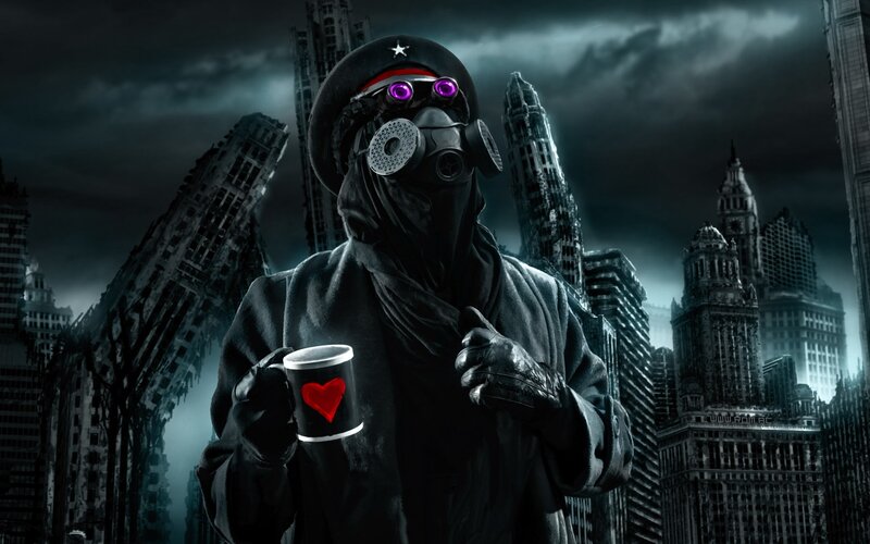 person in gas mask with coffee mug