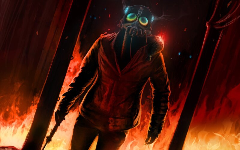 person in gas mask with fire