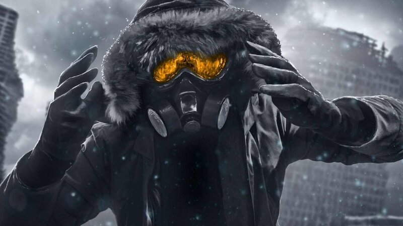 person in gas mask with glowing goggles