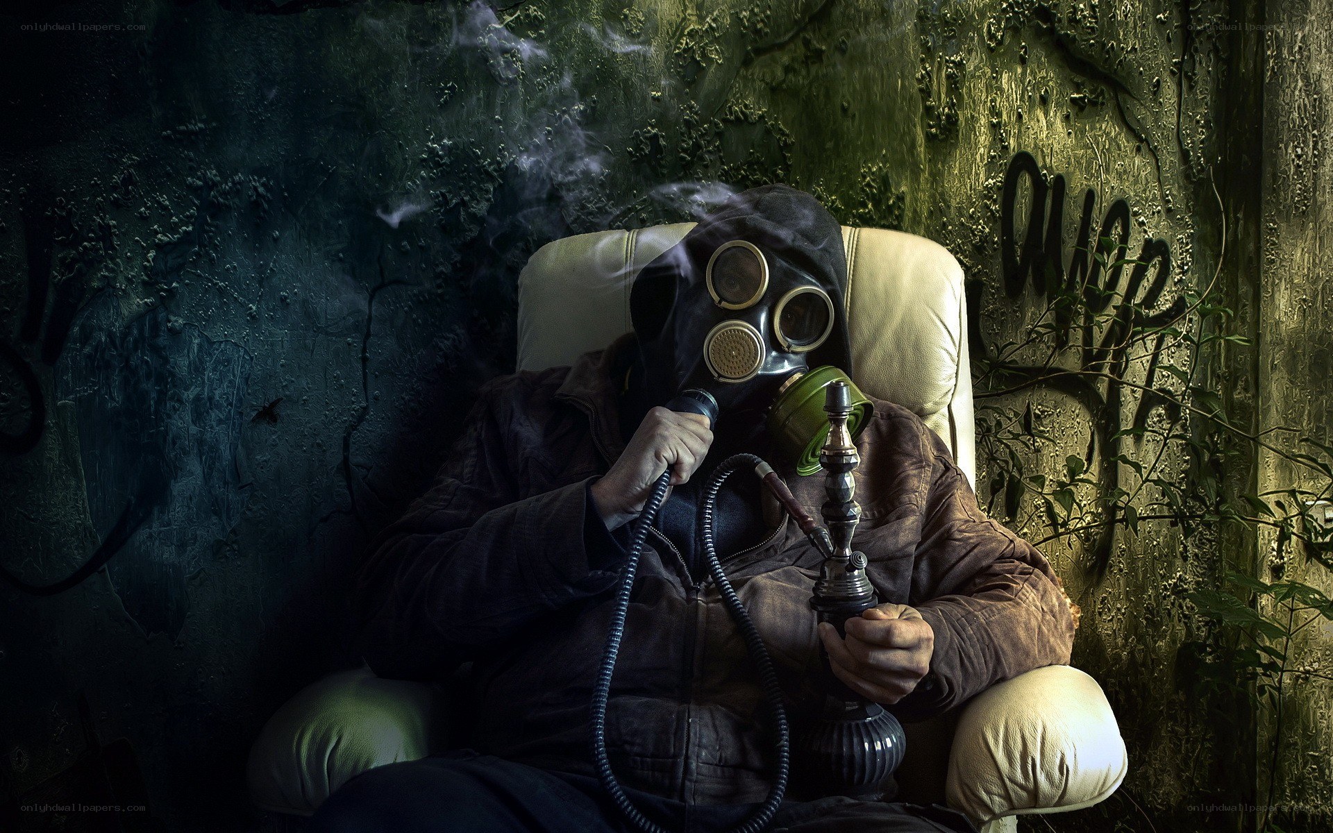 person in gas mask with hookah