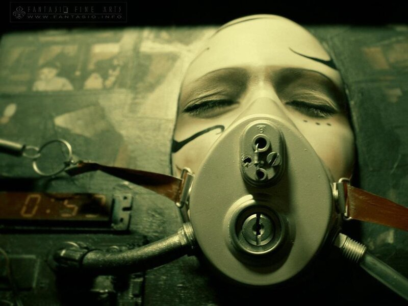person in gas mask with keyholes