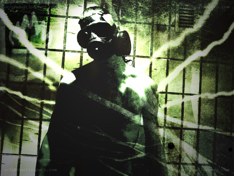 person in gas mask with lightning