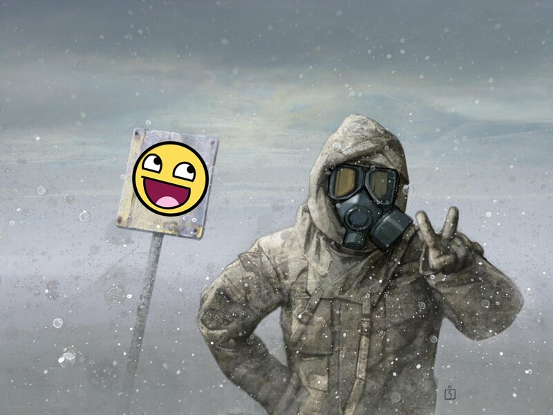 person in gas mask with meme sign