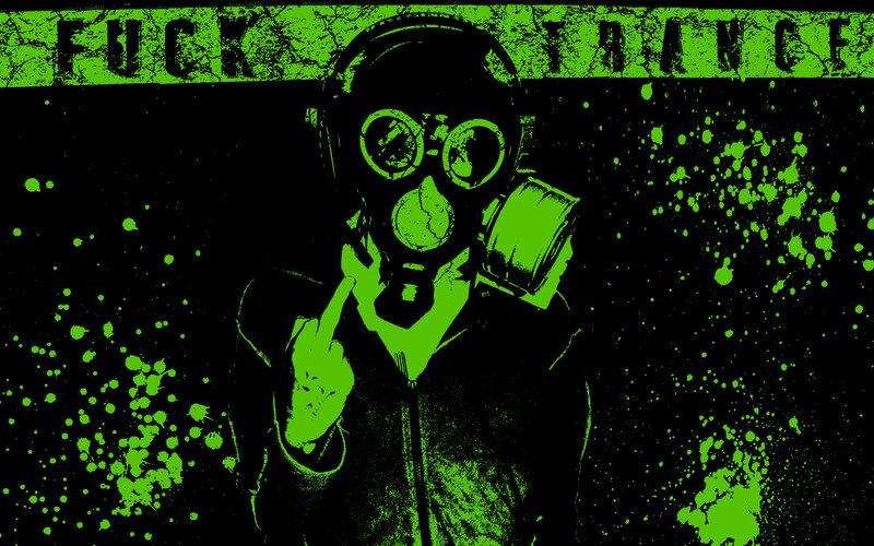person in gas mask with middle finger