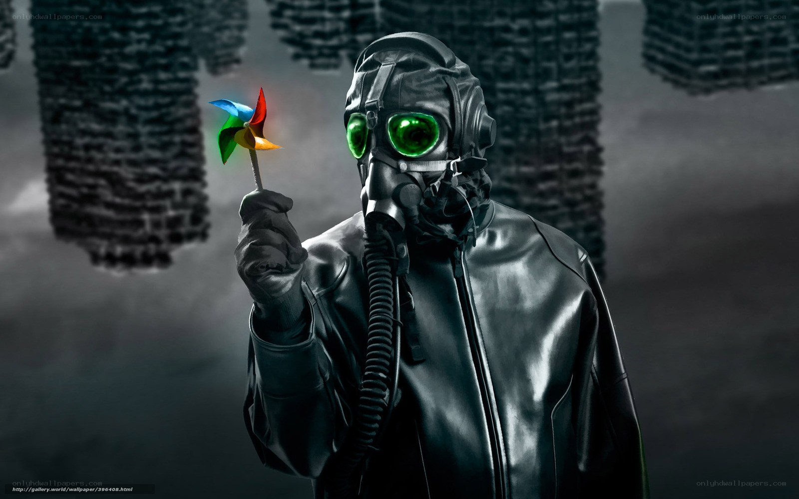 person in gas mask with pinwheel