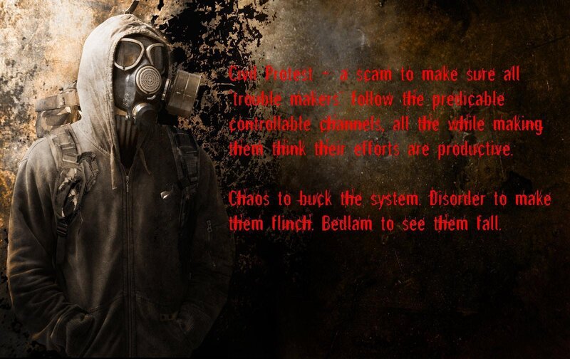 person in gas mask with protest text