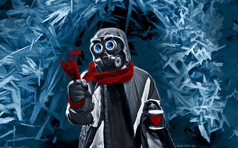 person in gas mask with red scarf