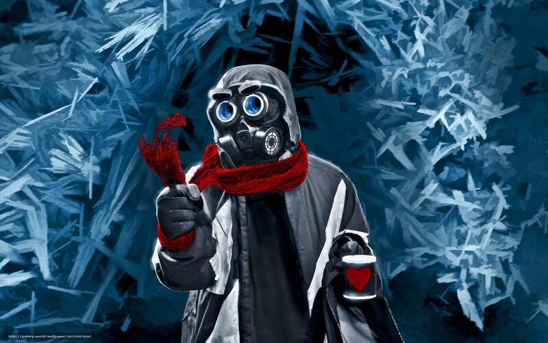 person in gas mask with scarf