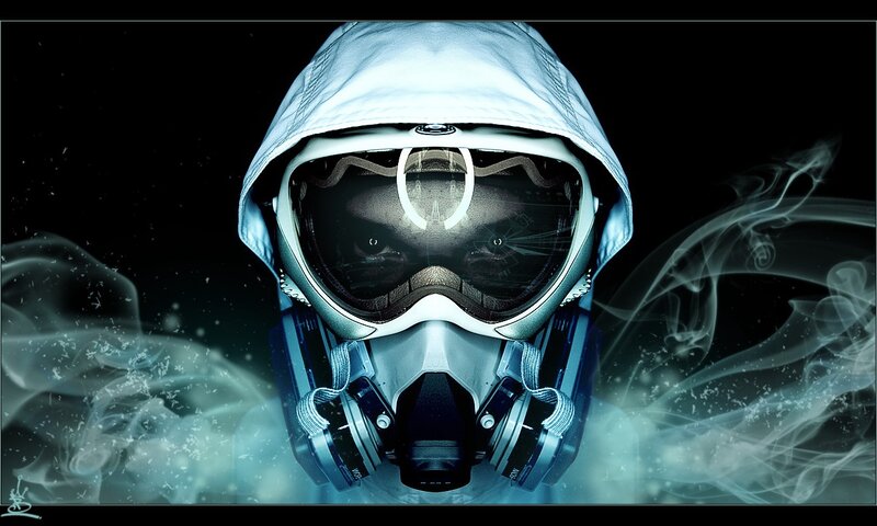 person in gas mask with smoke