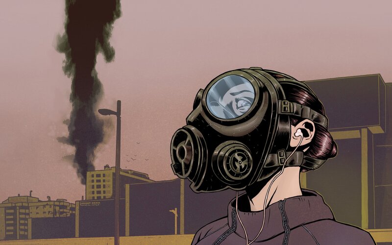 person in gas mask with smoke