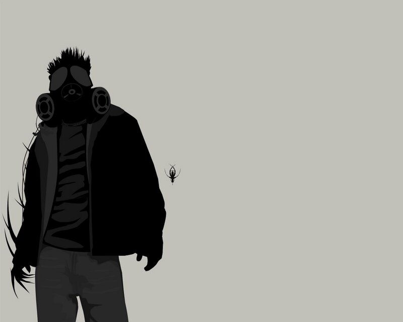 person in gas mask with spider