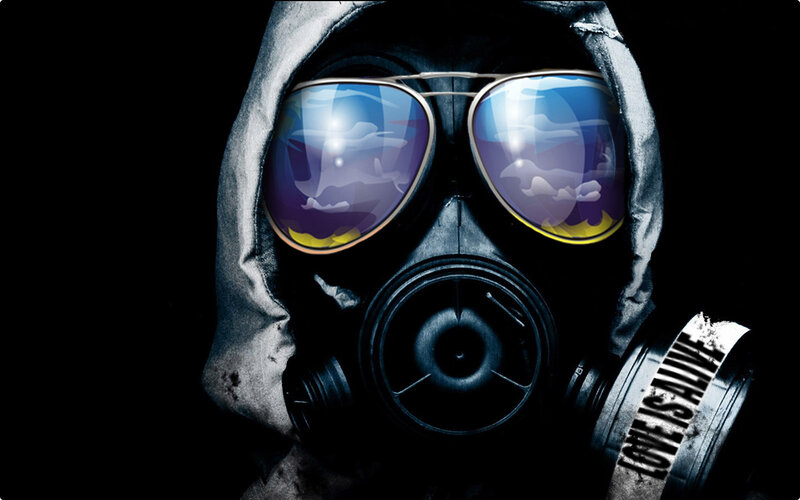 person in gas mask with sunglasses