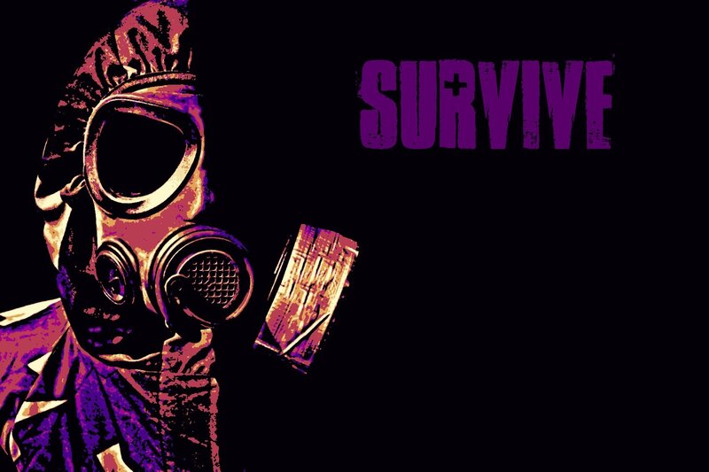 person in gas mask with survive text