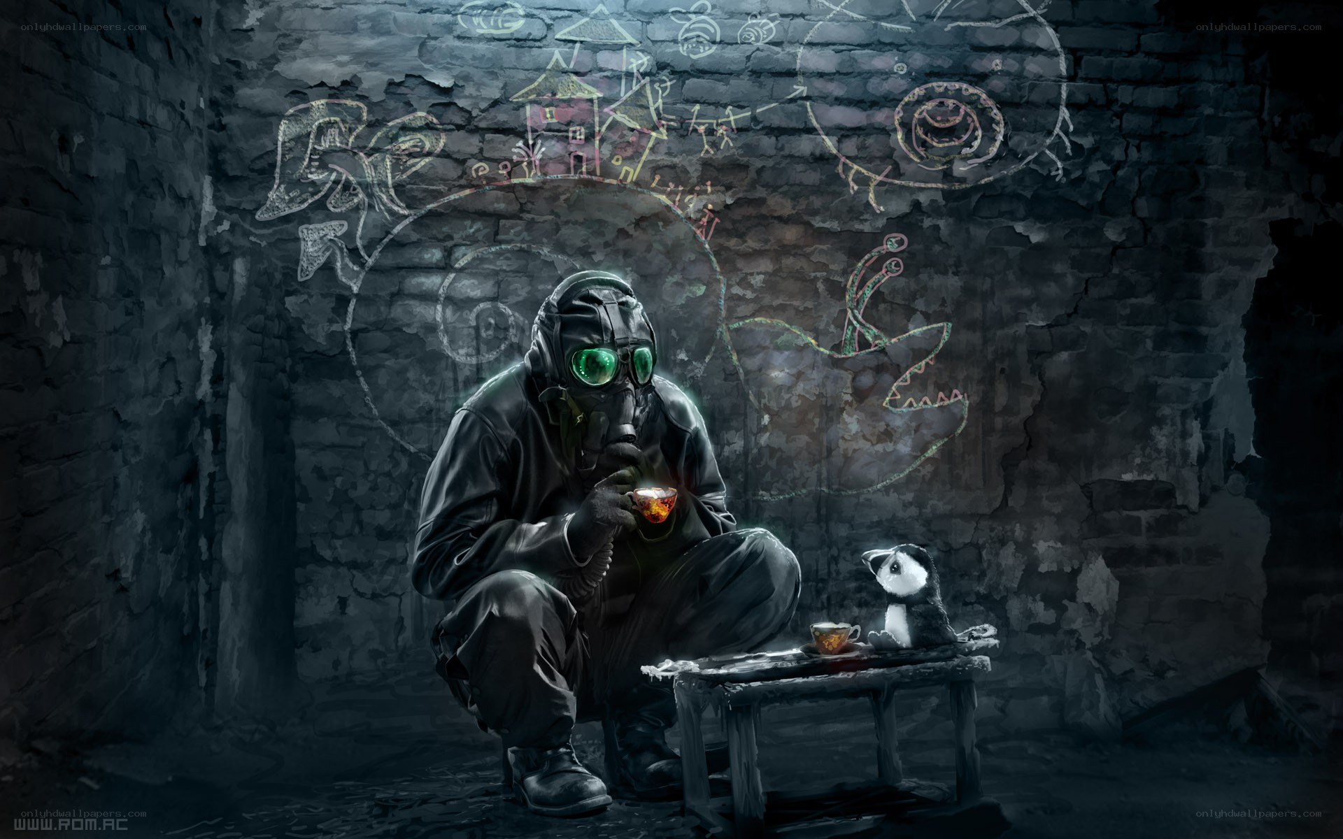 person in gas mask with tea