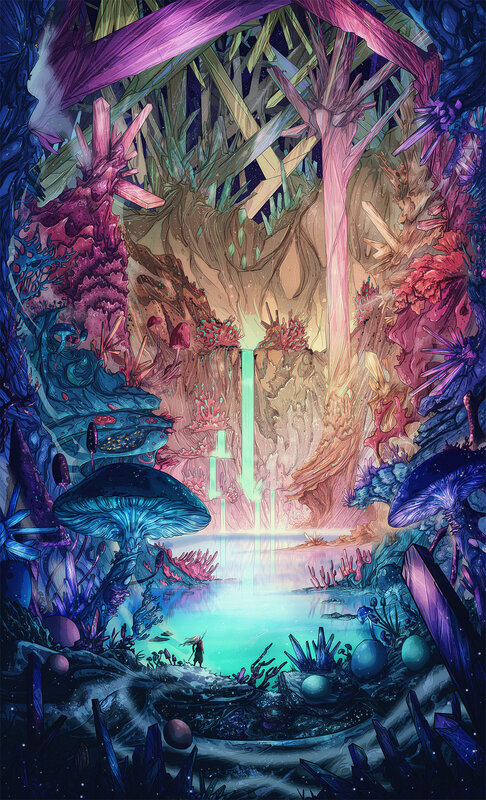 Person in Glowing Cave — Blue, Mystical, Night, Digital Art, Mushrooms