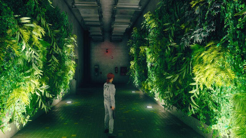 Person in Green Corridor