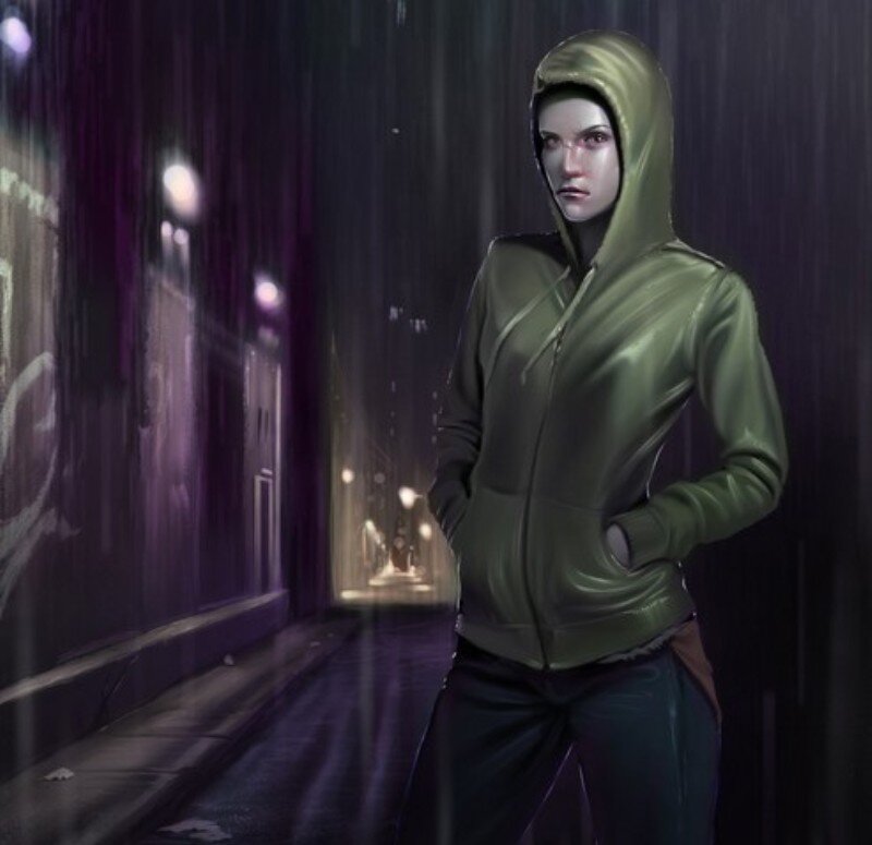 Person in Green Hoodie — Dramatic, Night, Digital Art