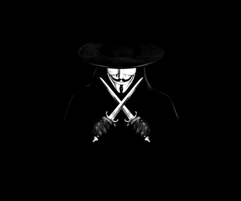 Person in Guy Fawkes Mask — Black, Dramatic, Night, Digital Art, Hat, Swords, White
