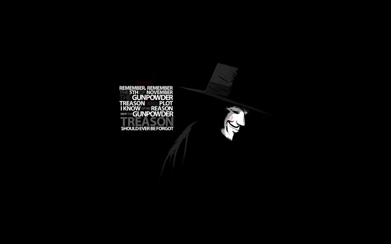 Person in Guy Fawkes Mask — Black, Dramatic, Night, Digital Art, Hat, Text