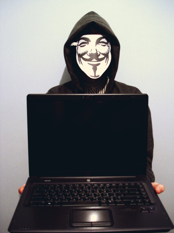 person in guy fawkes mask holding laptop
