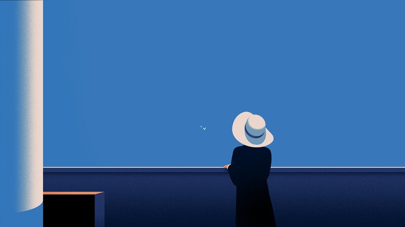 Person in Hat on Balcony — Blue