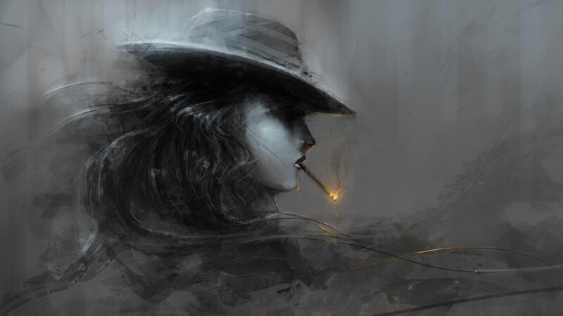 Person in Hat Smoking — Gray, Dramatic