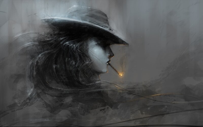 Person in Hat Smoking — Gray