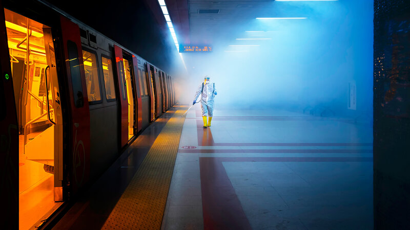 Person in Hazmat Suit — Blue, Dramatic, Night