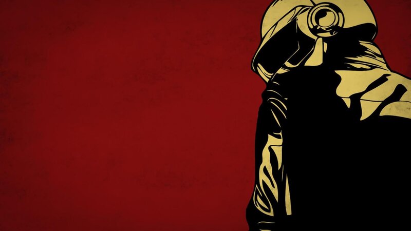 Person in Helmet — Red, Dramatic, Illustration, Red Background, Black