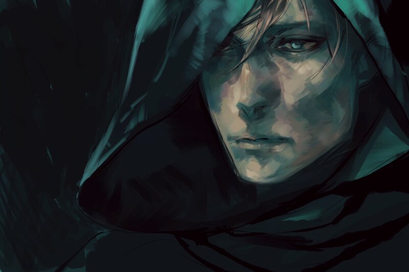 Person in Hooded Cloak — Black, Dramatic, Night, Digital Art, Hood