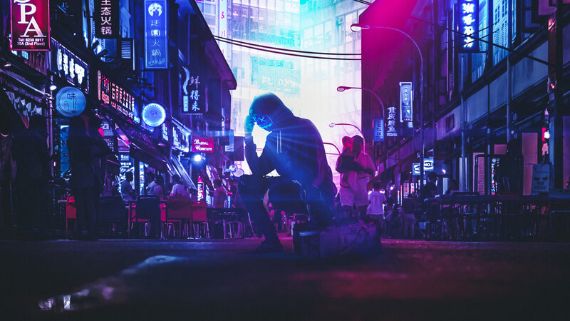 Person in Hooded Jacket — Purple, Dramatic, Night