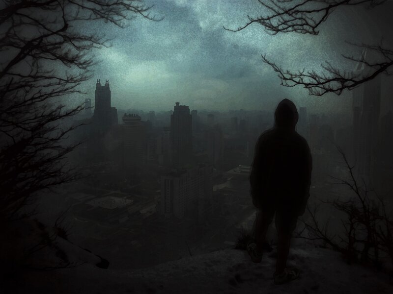 Person in Hoodie — Gray, Somber