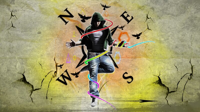 person in hoodie with compass and lines