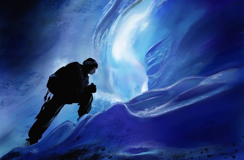 Person in Ice Cave — Blue, Dramatic, Digital Art, Backpack