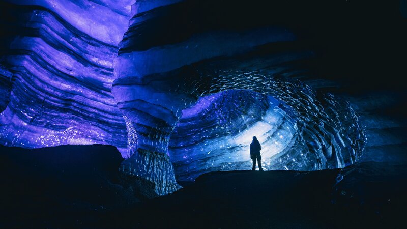 Person in Ice Cave — Blue, Dramatic, Night, Photograph, Light