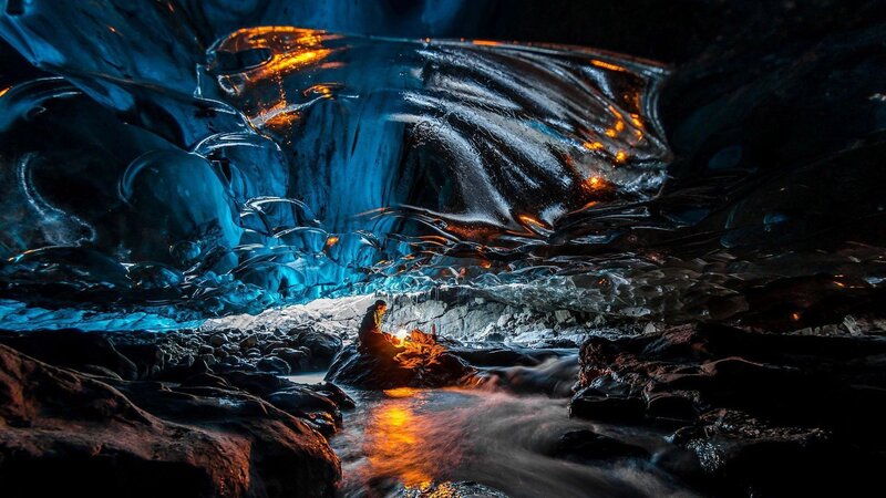 Person in Ice Cave — Blue, Dramatic, Night