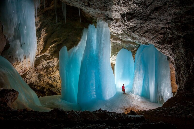 Person in Ice Cave — Blue, Dramatic, Photograph, Ice Formations