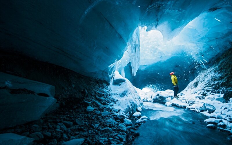 Person in Ice Cave — Blue, Dramatic, Photograph, River, Hiker