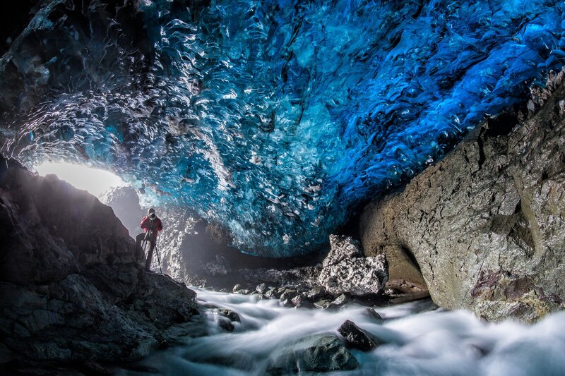 Person in Ice Cave — Blue, Dramatic, Photograph, River